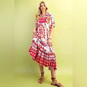 Bohemian mixed print short sleeve multi color midi dress S-L